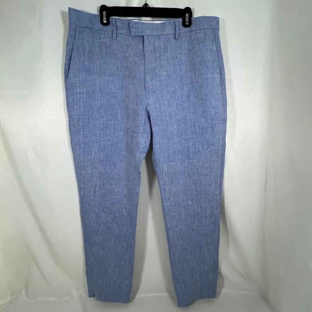 Banana Republic Mens Slim Textured 100% Linen Pants Bright Blue Chambray 36x32**